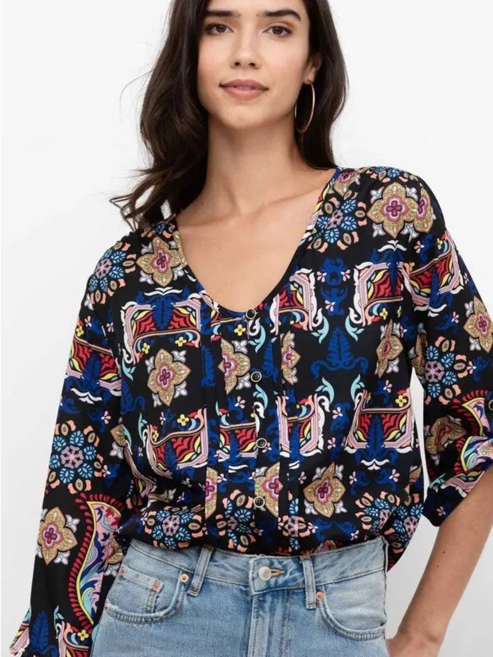 Yumi Kim Lizzie Top Blouse V Neckline Colorful Pattern Size XS